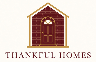 Thankful Homes logo: a gold house outline over maroon brick with an arched front door, above the Thankful Homes wordmark