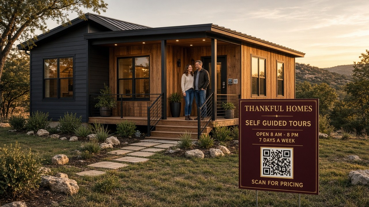 Couple on the porch of a dark-sided model home beside a Thankful Homes self-guided tours sign with a QR code