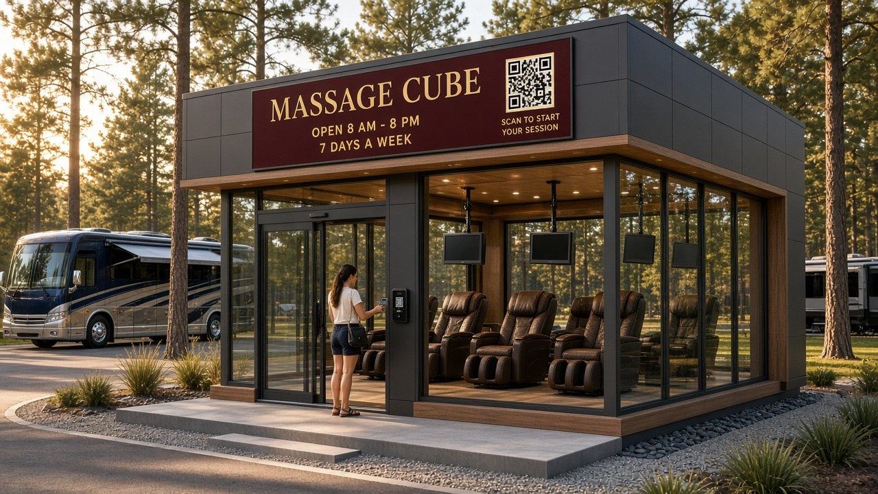 Glass Massage Cube with drop-down TVs set among pine trees