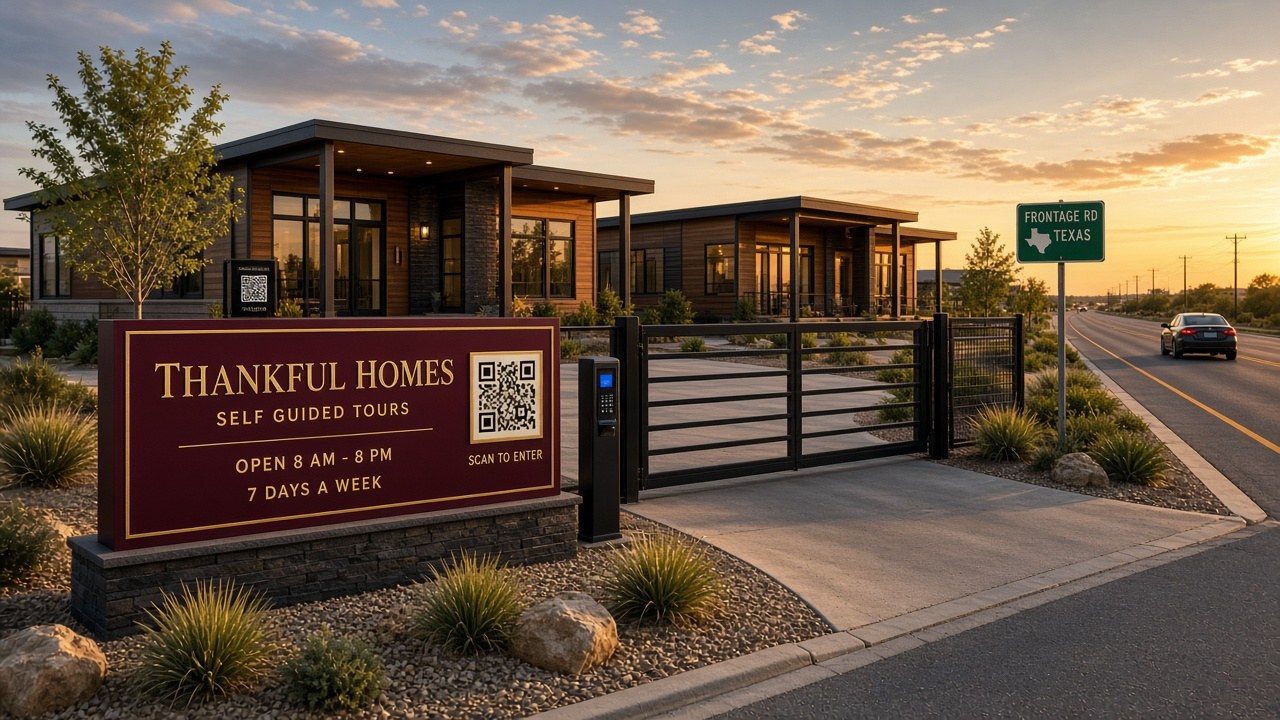Thankful Homes highway model center with automated gate and Self Guided Tours sign, open 8 AM to 8 PM, 7 days a week
