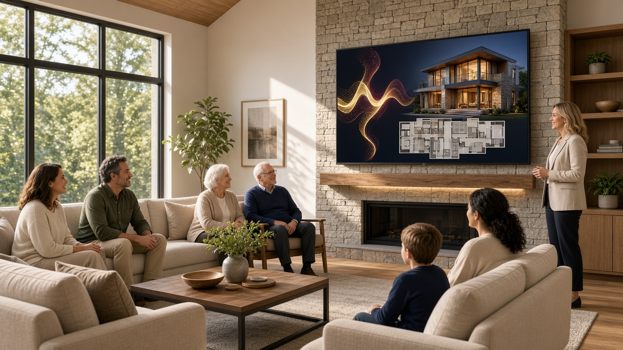 Concept rendering: home shoppers in a model-home living room watching an AI presentation of a home and floor plan on a large screen above the fireplace