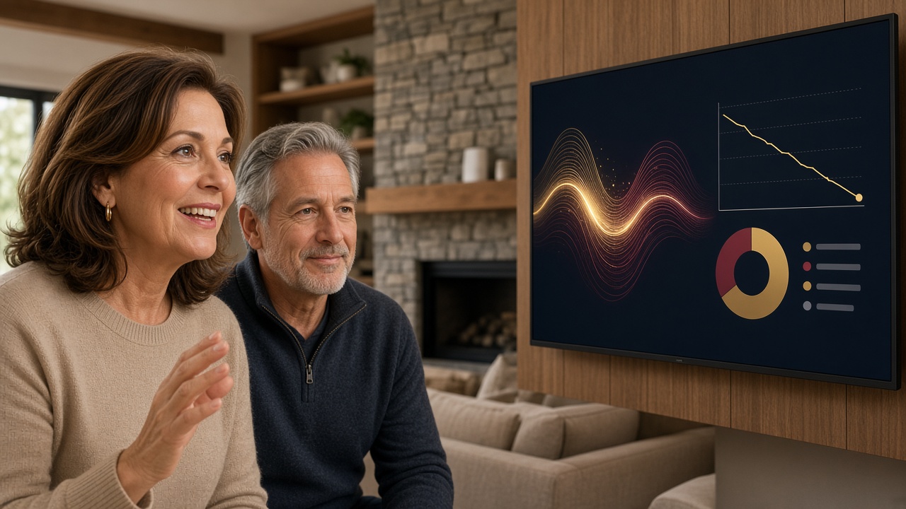 Smiling couple on a sofa asking questions of an AI guide shown on a large living room screen